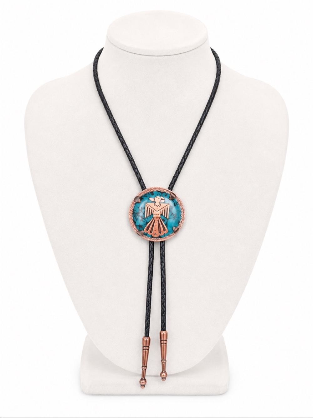 Solid Copper Thunderbird Turquoise Bolo Black Braided Leather Western Necklace